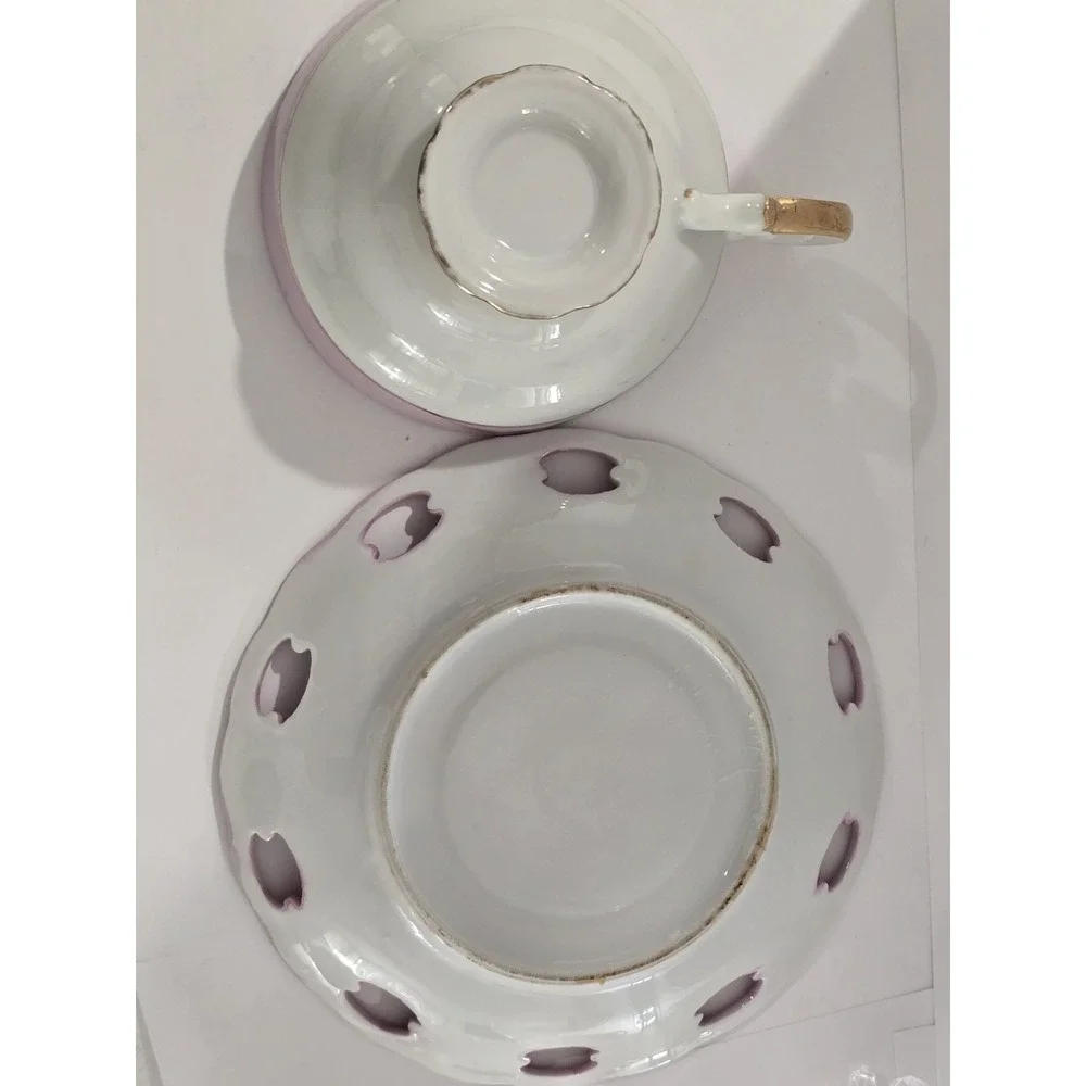Vtg Pink Lusterware Teacup Saucer Set Floral Roses, Reticulated Edge, Gold Trim